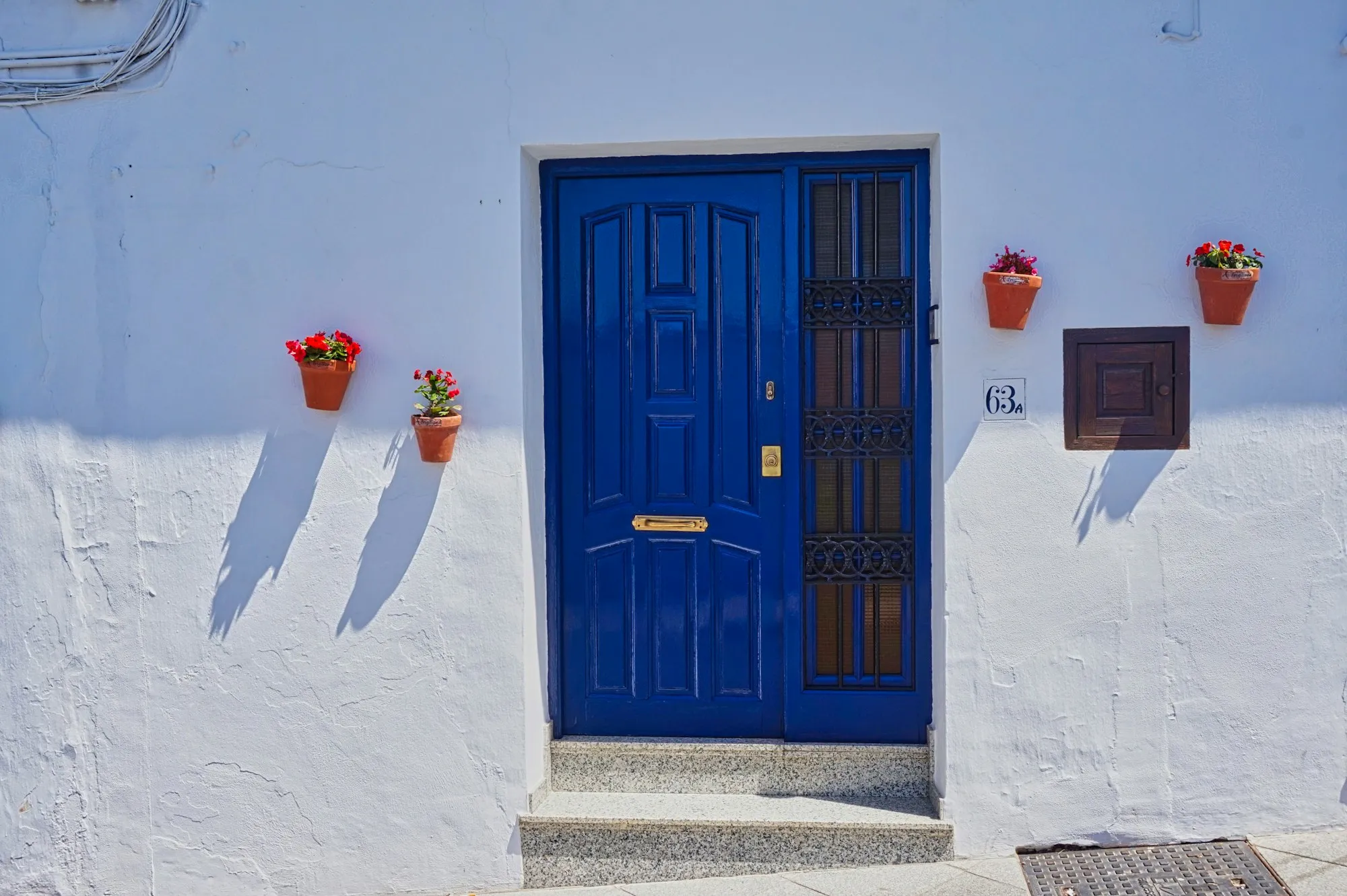Blauwe voordeur in een witte gevel met bloempotten in Frigiliana